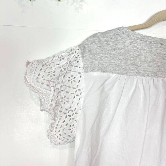 Rebecca Taylor La Vie Top Womens Large Grey Heather White Eyelet Sleeve Crewneck - Picture 6 of 10
